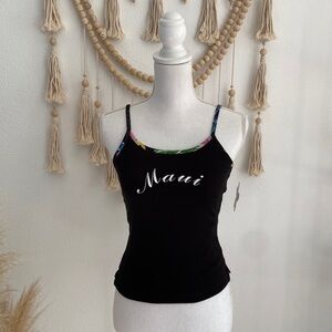 Y2K 90s Vintage Black Women's Spaghetti Strap Tank Top with Floral Trim